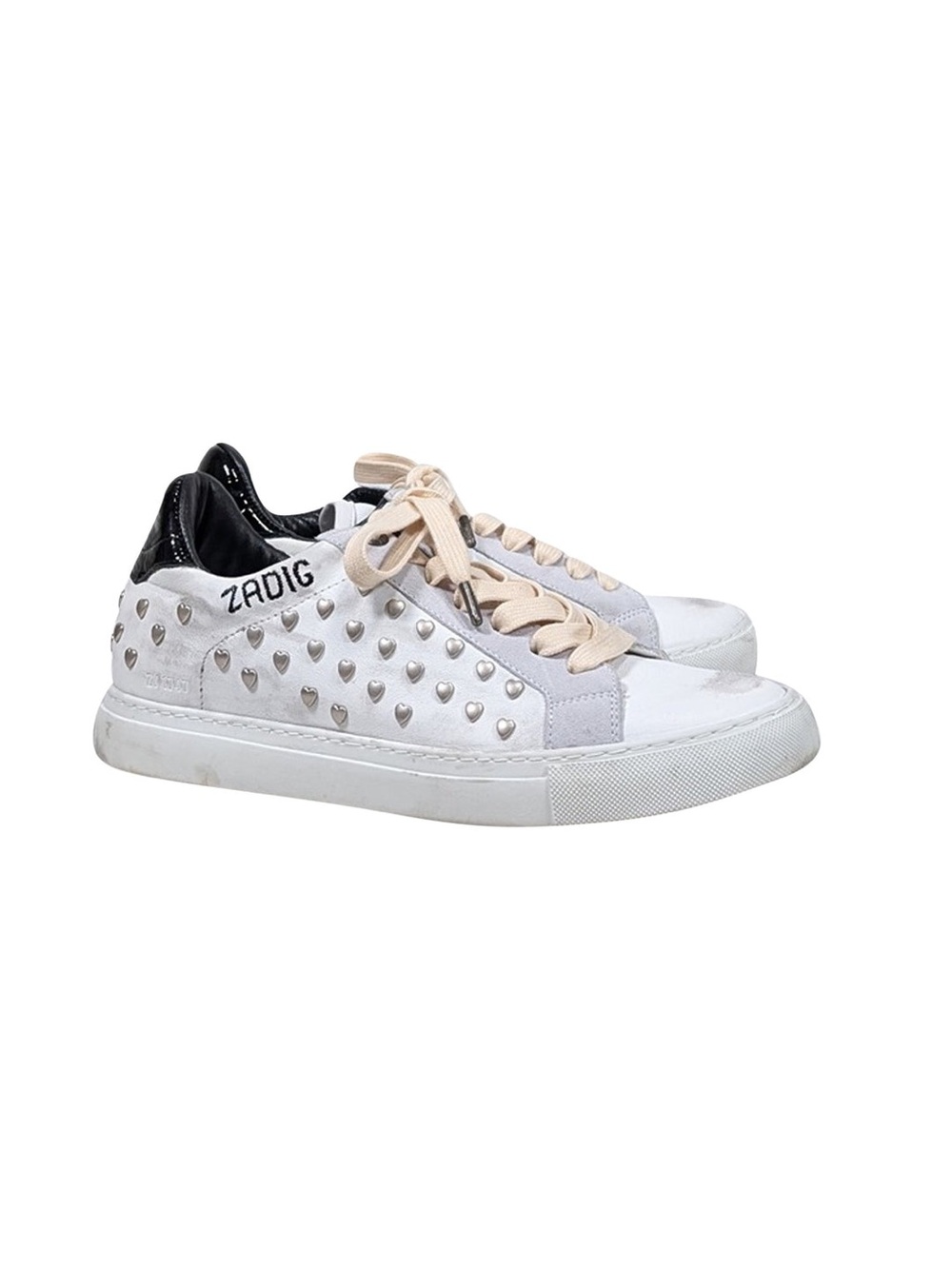Zadig & Voltaire Distressed White Leather Heart Embellished Sneakers Sz 10 (41)